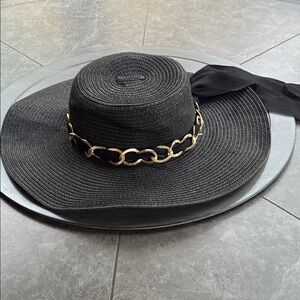 Black  Wide-Brim Hat with gold Chain Detail